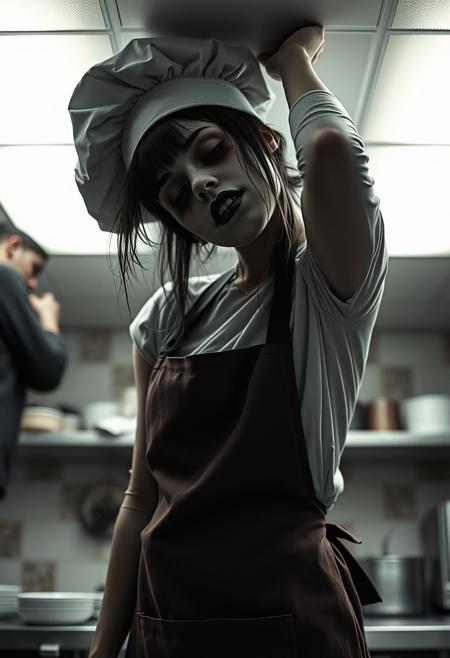 retro filter, Goth zombie girl, tall, bending, hitting the ceiling, chef on the kitchen , very earie and calm expression, (closed eyes),  tar coming out of the eyes, apron and tall chef's hat, retro horror style, UHD, head tilt,