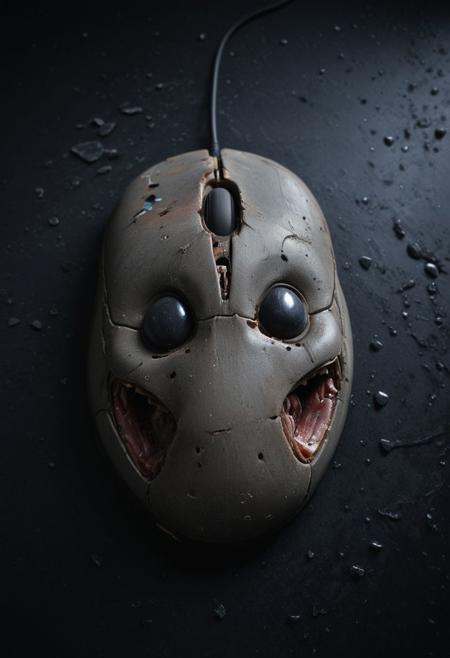 8K, high resolution, high detail, 
smooth, hyper realistic, fine skin texture, Closeup, 3d depth of field Simulation, a closeup of an old android mouse, large ears, fragile and broken, outworn smile, storm, depth of lenticular, dramatic, bold lines async, deep blacks, illuminated from behind, holy Aura, Long dense grown river