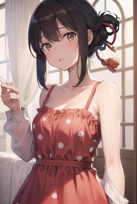 mitsuhamiyamizu, <lora:mitsuhatest:1>,
mitsuha miyamizu, black hair, (brown eyes:1.5), hair ribbon, (small breast:1.2),
BREAK bare shoulders, collarbone, dress, polka dot, (polka dot dress:1.5), sleepwear, red dress,
BREAK looking at viewer,
BREAK indoors, bed,
BREAK <lora:GoodHands-vanilla:1>, (masterpiece:1.2), best quality, high resolution, unity 8k wallpaper, (illustration:0.8), (beautiful detailed eyes:1.6), extremely detailed face, perfect lighting, extremely detailed CG, (perfect hands, perfect anatomy),