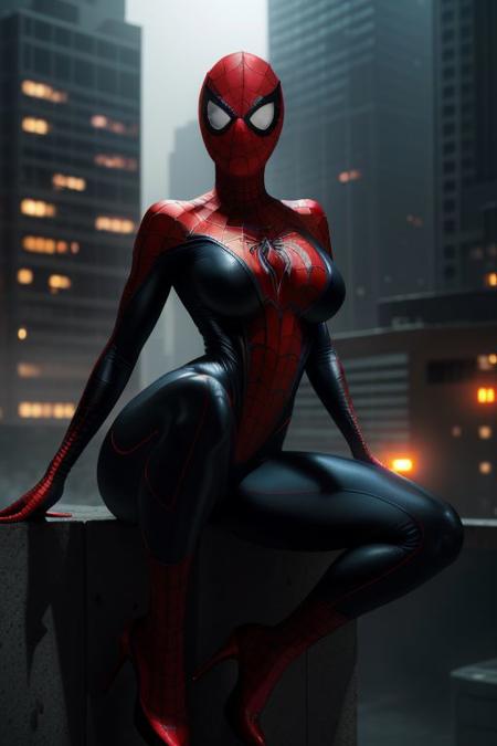 ASCII Masterpiece, (cosy), (ultra high res, mj,best quality,highly detailed:1.5),(cinematic),(volumetric lighting, volumetric shadows:1.5),Amazing, (8k details),(photorealistic:1.4), (warm lighting,ray tracing,dynamic lighting:1.5)
a woman, athletic physique, (large and saggy tits:1.4), thin waist, wearing a spider man costume,bald,high heels, sitting on a wall, background of a city, at night,
seductive, alluring, provocative,playing guitar,
