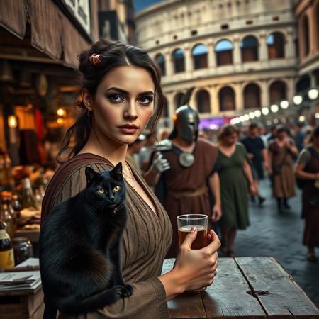 Setting is a 1st century Roman Empire market in Rome at night, the market is comprised of street vendors selling robot parts, food, weapons, and animals. Everyone and everything in the image is appropriate for a scene from Ancient Rome, People wearing Roman clothing are walking through the street market shopping and eating, A sleek black cat with red collar sits on a cluttered wooden table at a kiosk selling beverages and food, Behind the table is a merchant selling beverages and food, (((a beautiful woman, 24 years old is standing in the foreground, the woman  facing the viewer with a cup of alcohol beverage in her hand. Her eyes are beautiful and focused on the viewer, she has an expression of interested curiosity))), the sleek black cat with red collar is sitting on the table and watching the beautiful woman, Roman Soldiers are walking behind the beautiful woman, one of the solders turns to look at the beautiful woman with the cat, many people are walking by in the busy street market, the woman is dressed in high fashion Roman Empire clothing with an alluringly sexual, but traditional roman aesthetic. The woman's hair is elegantly tied up with a ribbon. Artistic ancient Roman aesthetic, dynamic perspective, (((overall architectural aesthetic is Ancient Rome in 1st Century Roman Empire era))).  Epic image that elicits a feeling of wonder and awe, Rome Coliseum Roman Forum architecture in background,