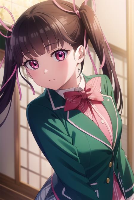 haruarisugawa, <lora:haru arisugawa s1-lora-nochekaiser:1>,
haru arisugawa, long hair, brown hair, ribbon, twintails, hair ribbon, (pink eyes:1.3),
BREAK bow, school uniform, jacket, green jacket,
BREAK indoors, classroom,
BREAK looking at viewer, (cowboy shot:1.5),
BREAK <lyco:GoodHands-beta2:1>, (masterpiece:1.2), best quality, high resolution, unity 8k wallpaper, (illustration:0.8), (beautiful detailed eyes:1.6), extremely detailed face, perfect lighting, extremely detailed CG, (perfect hands, perfect anatomy),