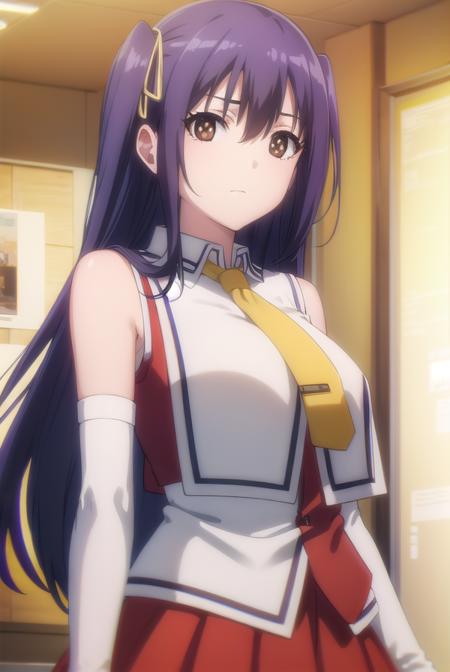 aika hayase, long hair, (brown eyes:1.5), blue hair, hair ribbon, two-side up, skirt, gloves, bare shoulders, shool uniform, detached sleeves, necktie, elbow gloves,