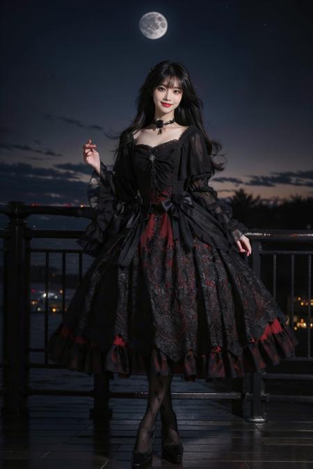 best quality, masterpiece, photorealistic, 1girl, solo, long black hair, straight hair, blunt bangs, looking at viewer, smile, lo dress, layered dress, frills, choker, long dress, long sleeves, wide sleeves, pantyhose, high heel, castle, night, moon, detailed background, <lora:lo_dress_gothic_style2_v2:0.7>