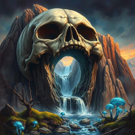 In this captivating splash art painting for an epic fantasy scene, the focal point is a massive, weathered skull embedded within the heart of a mountain. The skull's eye sockets are dark and sinister, while there is a river going through its gaping mouth. There is a hole in the skull where we can see a waterfall, the starting point of the river. Along the river there are death trees with moss and blue glowing mushrooms. The sky features a gradient from darker tones at the, vibrant, medieval fantasy, conceptual art, illustration, poster, cinematic