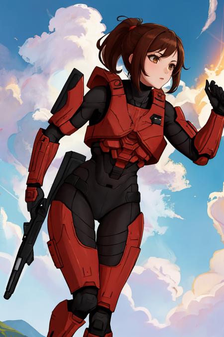 <lora:HaloSpartansV1-000050:1>,  FemaleSpartan, 1girl, brown_hair, helmet, brown_eyes, helmet, helmet_removed, holding_helmet, sky, ponytail