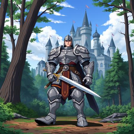 anime screencap of a man wearing armor and a helmet and pauldrons and holding a sword. The man has hyper feet making his greaves outsized. He is standing in a wooded area in front of a majestic castle