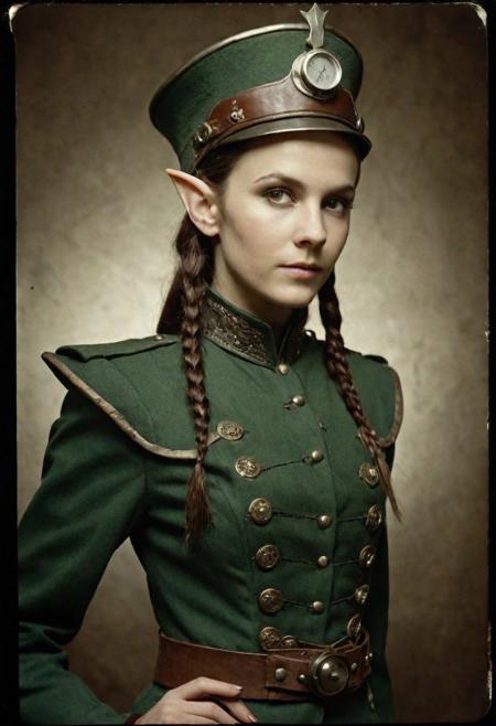 analog film photo hyperrealistic photography, raw-photo, 64k, full body shot, photo of a young ugly elf woman, female scientific brigade officer, steampunk, elf ears,(pointy ears), faded film, desaturated, 35mm photo, grainy, vignette, vintage, Kodachrome, Lomography, stained, highly detailed, found footage