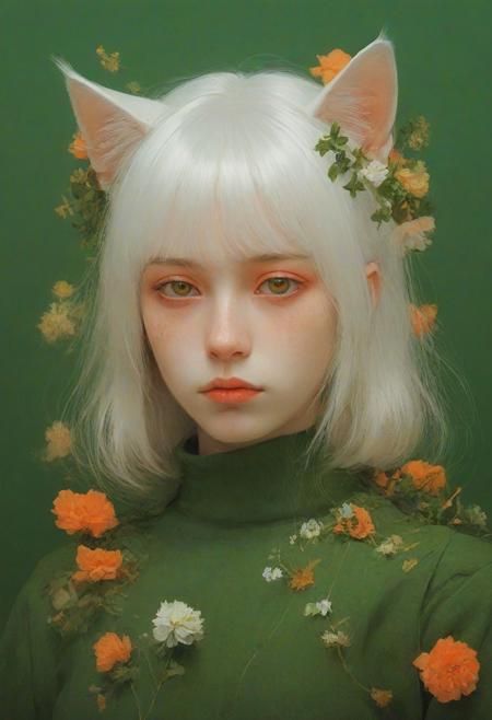 `white hair, shoulder-length hair, straight hair, 20 years old, catgirl, cat ears, cute, pale skin, blushed face, snub nose, flowers, collar, orange theme, green theme, digital artwork by Beksinski, portrait