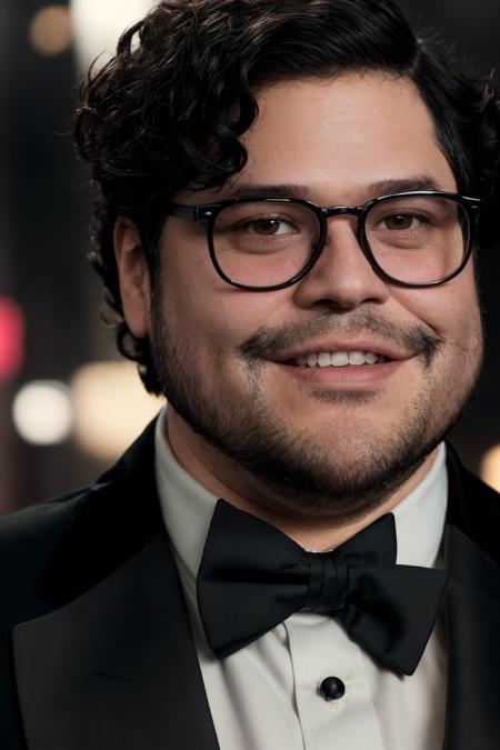 HarveyGuillen, RAW face closeup portrait of a man wearing a tuxedo, glasses, beard, smile, professional photography, in blade runner, high resolution, 4k, 50mm, vaporwave, photo by Brooke Shaden, close portrait
 <lora:rs-HarveyGuillenLora-03:1>