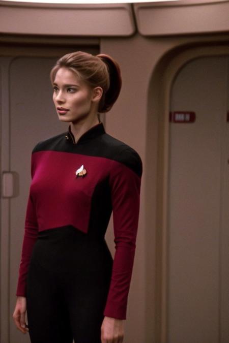 stunning woman in red and (black:1.1) s3stngunf uniform standing dramatically on enterprise bridge, beautiful blond hair, upsweep ponytail, ((upper body shot)) 8k uhd, dslr, soft lighting, high quality, film grain,masterpiece quality,Fujifilm, XT3<lora:TNGS3Standalone:0.8>