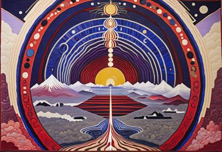 Mklasarvstivda style, style of Marsden Hartley, multiple cosmic maps, radar display, lapis lazuli stone, purple halo, land of darkness, recurrence, cyclic universe, cyclical, schizoanalytic cartography, aureolin color, crimson red, sharp colors, bright, splendid, mesmerizing art, cafe noir, absolute masterpiece, ths_tapestry, Amanda Sage style, pureerosface_v1