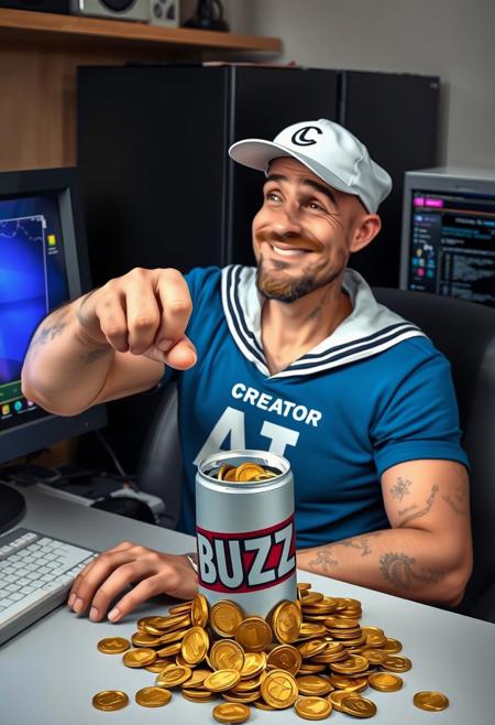 man similar to popeye the sailor with a t-shirt that says "AI Creator" in front of a computer crushing with his hand a can that says "BUZZ" from which many golden coins come out towards the computer