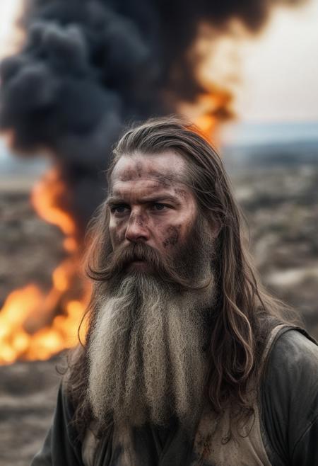 man long beard, dirty, long hair in background war landscape with flame and smoke