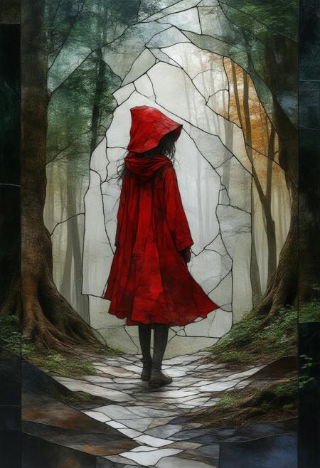 A haunting and surreal depiction of Little Red Riding Hood, rendered in a fractured, stained-glass Cubist style. The scene shatters into geometric shards, presenting multiple perspectives of the girl, the dense forest, and a subtle, unsettling suggestion of the wolf's presence. The palette utilizes deep reds, greens, and blacks, punctuated by bold white lines and a soft, inner luminescence emanating from the girl's cloak and the forestâs depths. Photorealistic details of the cloakâs texture, the forestâs foliage, and a hint of the girlâs apprehensive expression harmonize with the abstract fragmentation, creating a captivating and slightly unsettling fairytale reimagining. Ultra detailed, 8k resolution, volumetric lighting, octane render, emphasizing the interplay of light and shadow and the symbolic use of color to evoke a sense of both innocence and foreboding.