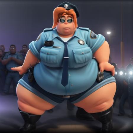 <lora:Chief Misty Luggins:0.75> anatomically correct, masterpiece, best high quality, ultra details, realistic, RAW Photo, perfect anatomy, 4k, 8k,  quality lighting, detailed hands, detailed eyes, Misty Luggins, obese, woman, police uniform, short pants, black shoes, ginger hair in a loose ponytail, sunglasses, massive thighs, massive hips, massive boobs <lora:BGV5EX:1>  <lora:add_detail:1>