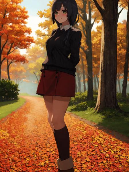 SLE, mksks style, detailed background absurdres, highres, full body, <lyco:GoodHands-beta2:1.0>,
BREAK solo, 1girl, <lora:Yasuhara Ema:1>, yasuhara ema, low twintails, 
BREAK costume 6, black sweater, ribbed sweater, orange flower, white shirt, collared shirt, red skirt, buttons, (brown socks), kneehighs, black boots, ankle boots,
BREAK forest, trees, autumn leaves, autumn, sunlight, outdoors,
BREAK standing, arms behind back, smile, looking at viewer, blush