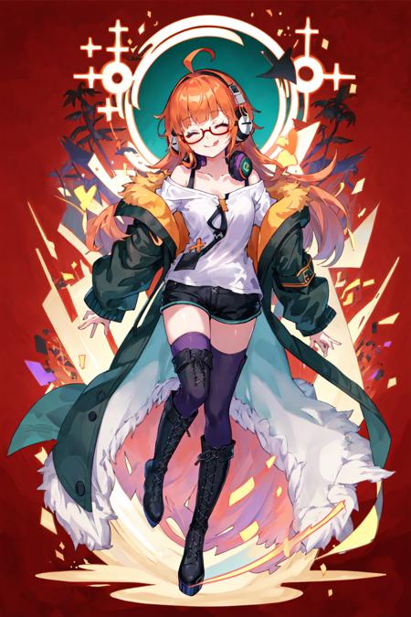 Wearing Headphones,  1girl,  solo,  long hair,  looking at viewer,  smile,  simple background,  shirt,  thighhighs,  long sleeves,  bare shoulders,  purple eyes,  collarbone,  jacket,  full body,  white shirt,  ahoge,  boots,  one eye closed,  glasses,  shorts,  tongue,  black thighhighs,  tongue out,  blunt bangs,  off shoulder,  black footwear,  orange hair,  fur trim,  short shorts,  headphones,  black shorts,  knee boots,  red background,  index finger raised,  cross-laced footwear,  green jacket,  off-shoulder shirt,  lace-up boots,  fur-trimmed jacket,  ;p,  behind-the-head headphones, <lora:EMS-46742-EMS:0.800000>