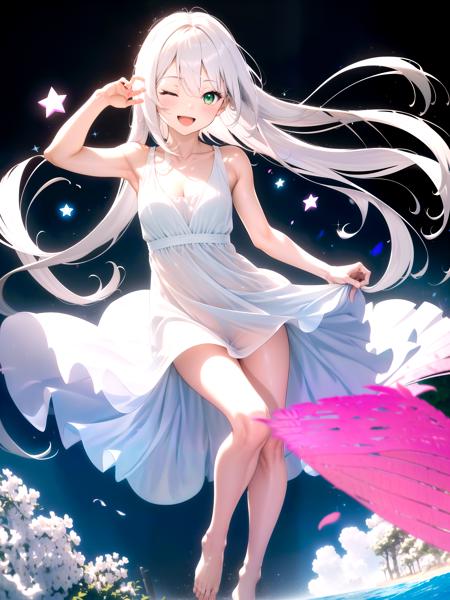 1girl, solo, long hair, breasts, looking at viewer, blush, open mouth, bangs, simple background, white background, dress, ribbon, cleavage, hair between eyes, bare shoulders, medium breasts, very long hair, green eyes, collarbone, full body, white hair, one eye closed, barefoot, sleeveless, star \(symbol\), white dress, arm up, groin, bare arms, bare legs, no panties, sleeveless dress, smile,