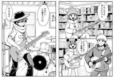 Four-panel comic strip featuring a band in a cozy, retro-style rehearsal space. The first panel shows a boy wearing a large black hat and a scarf, intensely playing an electric guitar with a focused expression, dressed casually in a white shirt and dark pants. The second panel depicts a cheerful girl seated at a drum set, wearing a knitted hat and a warm coat, surrounded by wooden floors and muted walls. The third panel presents another girl wearing a panda hat and a thick coat, confidently holding an electric guitar with a playful smile, bookshelves filled with manga in the background. The fourth panel features a boy in a black hoodie, casually strumming an acoustic guitar, looking thoughtful. The entire scene is rendered in a black-and-white aesthetic, capturing a blend of manga and comic book styles with bold lines and detailed shading. The overall atmosphere is creative and musical, evoking a sense of youthful energy and friendship.