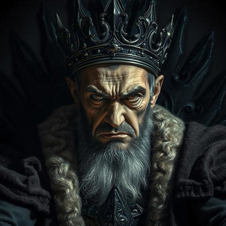 A cruel king sits on a jagged, obsidian throne, face twisted in a dour scowl. His obsidian crown glints under cold, directional light. Close-up portrait, semi-realistic, sharp features, intense gaze. Gothic mood, dark fantasy, regal and menacing. High-detail skin texture, ornate metalwork, shadowed background.