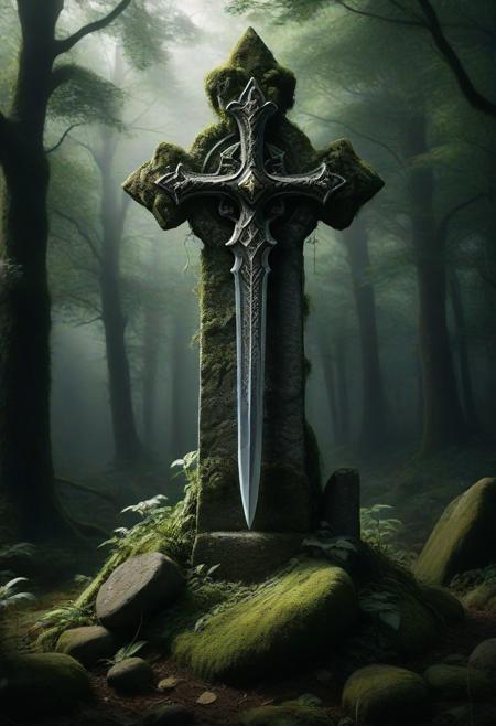 A detailed image of an enchanted medieval fantasy sword thrust into a large, clean boulder that serves as a gravestone. The sword is vertical, resembling a cross, with the blade driven in slightly more than halfway. The sword appears ancient, with a slightly glowing blade and intricate details on the hilt. The boulder is clean and solid, not covered in moss, and the grave is relatively new. The scene is somber and mystical, set in a quiet, slightly overgrown graveyard.