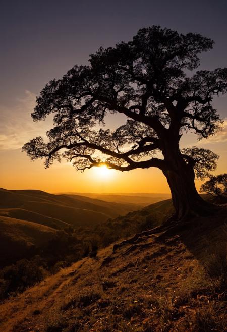 A contemplative landscape photograph captured during golden hour features a solitary human figure silhouetted against a dramatic sunset backdrop. A large oak tree stands in the foreground at the left third of the frame, its dark branches spreading outward to frame the scene. A winding river reflects the orange and golden light below, meandering from the center of the frame toward the horizon. Multiple layers of rolling hills create depth through atmospheric perspective, appearing as graduated shades of blue-gray in the distance, all bathed in rich, golden tones from the setting sun. The high-angle wide shot employs natural backlighting to create a powerful contrast between the dark silhouettes and the glowing landscape. Wide-angle landscape photography with natural backlighting and atmospheric depth.