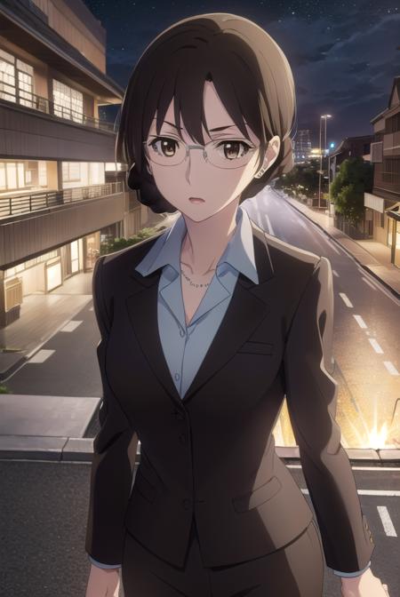 akikikuchihara, <lora:aki kikuchihara s1-lora-nochekaiser:1>,
aki kikuchihara, brown hair, (brown eyes:1.5), glasses, mature female,
BREAK jewelry, earrings, necklace, formal, suit, lipstick, office lady,
BREAK outdoor, city, night, sky, buildings, moon, clouds,
BREAK looking at viewer, (cowboy shot:1.5),
BREAK <lyco:GoodHands-beta2:1>, (masterpiece:1.2), best quality, high resolution, unity 8k wallpaper, (illustration:0.8), (beautiful detailed eyes:1.6), extremely detailed face, perfect lighting, extremely detailed CG, (perfect hands, perfect anatomy),