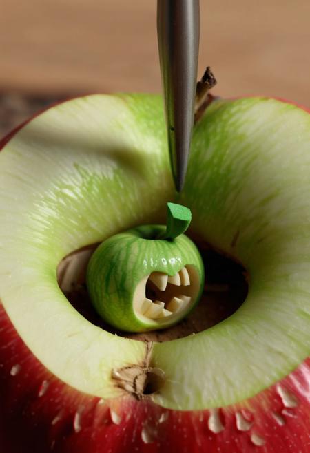 realistic 4k detailed, close up of an apple, a hole has been carved in the apple and inside the hole a very details miniature house has been carved, a small green caterpillar poses next to the apple proudly holding a carving tool