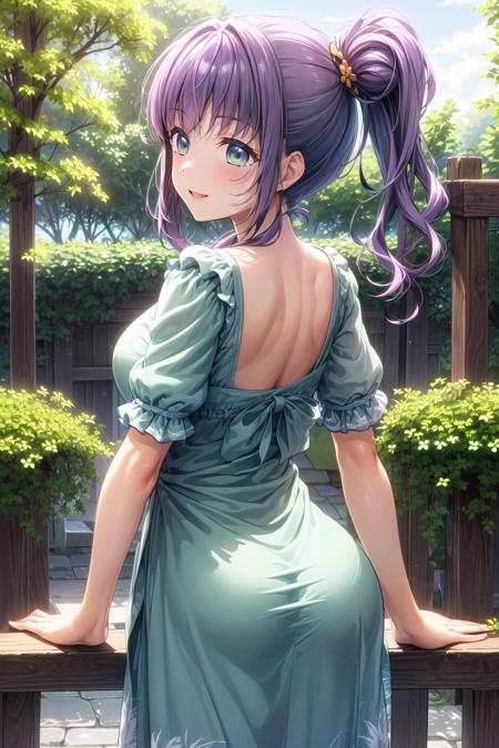 <lora:KozueV4:0.6>, (masterpiece, best quality, ultra-detailed), (illustration), (beautiful detailed eyes),
(1girl), (solo), (extremely detailed face), (beautiful detailed hair), thicc,
medium breasts, (0:1.1)
otomune kozue, green eyes, purple hair, (long hair:1.3), hair ornament, (side ponytail:1.3), flower
(outdoors, greenery :1.3), tareme, mature face, tareme
dress, frilled dress, green dress, short sleeves, flower prints
(standing, from behind, back:1.2), (smile:1.2), (arms support:1.4), parted lips, blush, (cowboy shot:1.4), best quality, high resolution, unity 8k wallpaper,    <lora:tareme:0.4> <lora:add_detail:0.6>