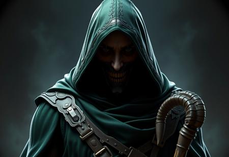 Create a highly detailed, cinematic artwork of a hooded killer inspired by Doom Eternal, with a dark green cloak and intricate, lifelike details. Incorporate elements of Marvel Japan coloring, Asgard Rising, and Hellscape, with a Golden Ratio composition. The character should be fully posable, with a cane and detailed body and face. Use Unreal Engine 5, 8K resolution, and Cinema 4D for a smooth, high-quality finish. Draw inspiration from artists Akihiko Yoshida, Greg Rutkowski, and Alphonse Mucha.