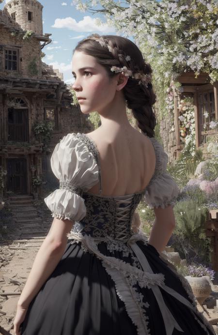 award winning full body portrait photo of a woman wearing an intricate baroque dress, black french braid hair, Style-Renaissance, Style-Renaissance background, (backlighting:1.2), bloom, (light sparkles:1.2), chromatic aberration, (lens flare:1.2), sharp focus, majestic oil painting by Ed Blinkey, Atey Ghailan, Studio Ghibli, by Jeremy Mann, Greg Manchess, Antonio Moro, trending on ArtStation, trending on CGSociety, Intricate, High Detail, Sharp focus, dramatic, photorealistic painting art by midjourney and greg rutkowski Style-Bone