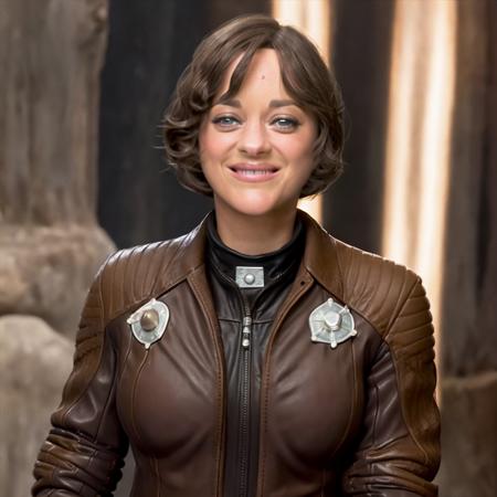 a professional full body photograph of marion_cotillard,  <lora:marion_01_768_343samples:1>,short brunette hair, brown leather jacket, (smiling:1), open slime