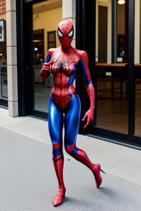 full body shot of beautiful spidergirl woman, showing skin on belly and thighs, overknee boots, high technology elements, spiderman style, hyper realistic