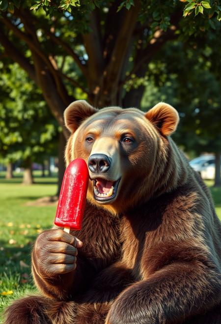 Portrait of an anthro grizzly bear eating a red ice lolly on a hot day. The bear is sitting under a tree in a park and flirting with the viewer with a saucy seductive smile. The red ice lolly is shaped like a rocket. The scene has an cinematic look with vibrant colors and contrasting shadows and light.