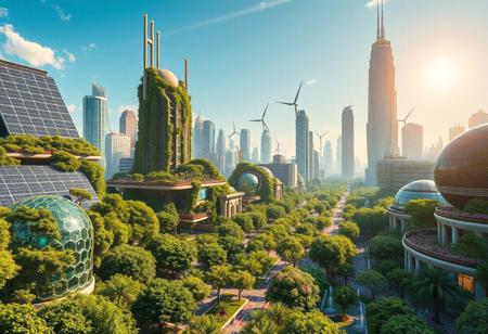 solarpunk cityscape, eco-friendly utopia, lush greenery intertwined with futuristic architecture, massive solar panels covering buildings, glowing golden sunlight, energy-efficient technology, vertical gardens growing on skyscrapers, glass domes housing botanical gardens, clean energy sources, wind turbines alongside solar-powered vehicles, bright and vibrant atmosphere, sleek organic shapes in architecture, harmonious integration of nature and technology, blue skies and clear air, bioluminescent pathways lit by eco-friendly lights, sustainable materials in every structure, photorealism, soft sunlight filtering through trees, vibrant greenery and flowers covering streets, serene water fountains, high resolution, ((masterpiece)), quiet harmony between nature and machines, radiant solar energy, tree-lined walkways, eco-friendly transport systems, organic energy cores