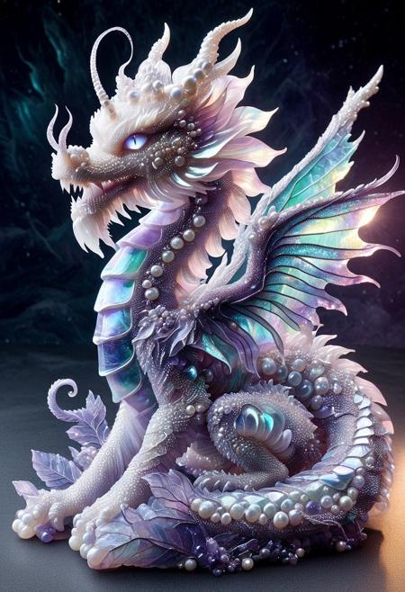 best quality, masterpiece, high resolution, intricate detailed,
beautiful photo of a Pearlum dragon sculpture made of fluorite mineral, flu0rite, iridescent, wings made of fluorite, 
background of a alien scenery,
rays of light, natural light,