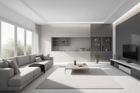 ((Best quality)), ((masterpiece)), ((realistic)), create a modern minimalist living room design that showcases clean lines and simplicity. The artwork should depict an interior space in a residential setting, specifically focused on the living room area. The lighting should be soft and ambient, enhancing the overall tranquil atmosphere. The style should embody minimalism, with a focus on functionality and aesthetics. The color scheme should consist of neutral and monochromatic tones, creating a cohesive and harmonious visual composition. The computer graphics used should be of high quality, ensuring a detailed and realistic rendering of the room. The final artwork should be a scenic masterpiece, presenting an exquisite example of modern minimalist living room design