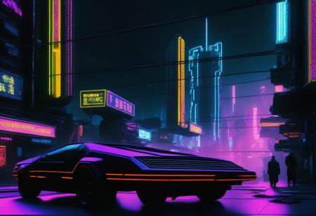 black deloran, cyberpunk city, neon lights, 32K, 16:9