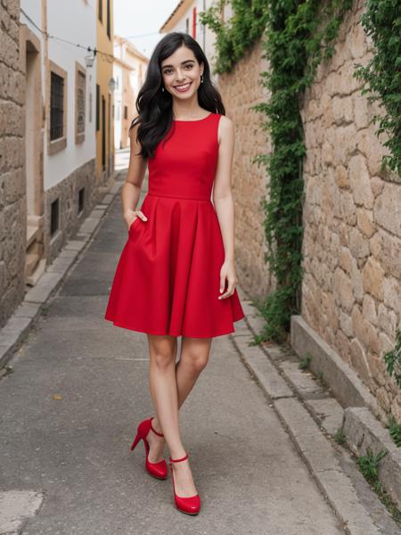 a beautiful man, age 28, Spanish, black hair, cute smile, red skater dress, high heels wedges,  blurry Spanish village background, masterpiece, professional photography, very detailed, ultra realistic,