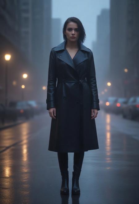 Ultra-detailed, cinematic mood: a young woman stands alone on a rain-slicked urban street, her glossy black leather coat gleaming under the soft glow of flickering streetlights. Droplets cascade down the smooth, tailored surface, reflecting hues of neon blue and violet from the surrounding cityscape. Her posture is poised yet relaxed, the coat’s high collar framing her face—sharp cheekbones dewy with rain, piercing eyes catching the light, strands of wet hair clinging to her skin. The rain falls in a steady, gentle rhythm, pooling in shallow ripples around her boots, while faint steam rises from the warm asphalt. In the background, a futuristic skyline looms—towering structures shrouded in mist, their edges softened by the downpour. Moody tones, dynamic reflections, and a sense of quiet strength infuse the scene