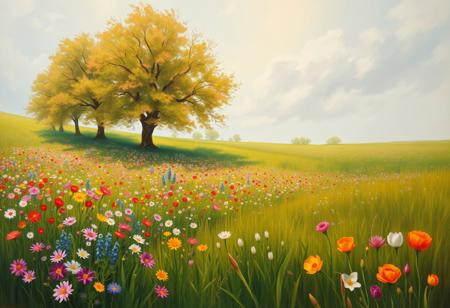 Painterly styled in the 1880s. Spring scene. Colorful flower field, green grass, with lush trees.