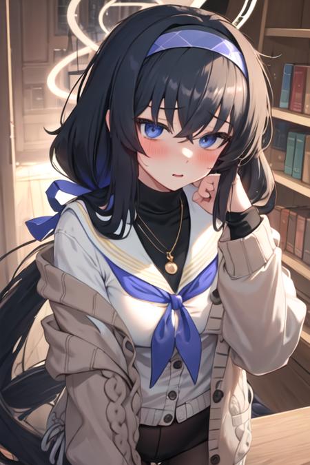 best quality, masterpiece, highres, solo, {ui_bluearchive:1.15}, long_hair, black_hair, bangs, hairband, halo, bags_under_eyes, blue_hairband, blue_eyes, hair_between_eyes, blush, jewelry, necklace, cardigan, very_long_hair, breasts