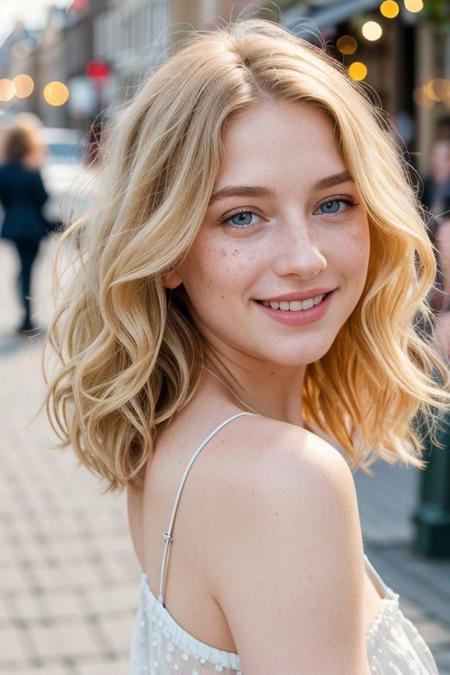 a beautiful woman, light blond wavy hair, darker roots, above shoulder length curly hair, wavy bob cut hair, ocean blue eyes, 1girl, standing full body, in the streets, dutch city background, amsterdamcanalhouse, wearing red dress, loose clothing, happy, smiling, joy, (laughing:1.2) , having fun, 4K, RAW, best quality, (masterpiece), (ultra-detailed), (hyperrealism:1.2), extremely detailed eyes, perfecteyes eyes, (extremely detailed face), textured skin, (photorealistic, hyperdetailed:1.2), insane details, stunningly beautiful, pale skin, freckles, blush, detailed skin, extremely detailed, (RAW photo, best quality), (realistic, photo-realistic:1.3), best quality ,masterpiece, an extremely delicate and beautiful, extremely detailed natural lighting, summer, sun rays, ethereal golden hour, film grain, (bokeh:1.3), Porta 160 color, shot on ARRI ALEXA 65, sharp focus on subject, Fujifilm XT-3, <lora:picxer_real:0.8>