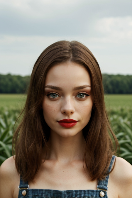 KarolinaGorzala, (oiled shiny skin, tilted angle shot, 8k uhd, best quality, masterpiece, sharp focus, farm backdrop:1.2), (pale skin:1.4), (long loose hair:1.6), freckles:0.9, (wide open eyes, lips parted, blue eyes, sparkling eyes, innocent, surprised:1.2), 1890s, Amish, overalls, bonnet, (cat eyes, smoky eye makeup, blush, mascara, red lipstick:1.2), facing viewer, looking at viewer, holding pitchfork