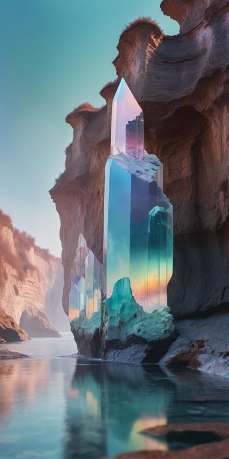 opalescent transparent gemstone cliffs in a beautiful landscape