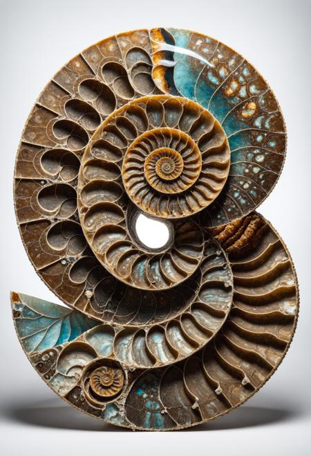 An enigmatic sculpture merging a fossilized ammonite with a Fibonacci spiral, showcasing a golden-ratio-patterned, opalescent shell and an inner chamber of infinitely-recursive, self-similar structures. Photographed in a timeless, mathematical pose using macro photography and cross-polarized light, inspired by the sacred geometries of ancient cultures and the concept of the divine proportion
 <lora:grainy-v1:0.7>