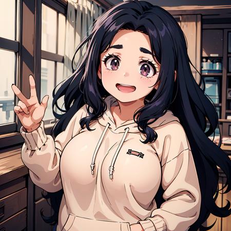 <lora:ETO_OCC002:0.7>,
ETO_OCC,1girl,
black hair,curly hair,longhair,
thick eyebrows,
hoodie,smile,open mouth,