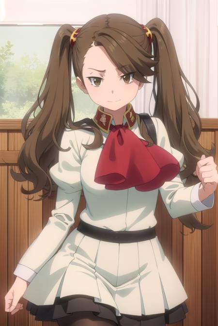 kaorukosazaki, <lora:kaoruko sazaki s2-lora-nochekaiser:1>, 
kaoruko sazaki, long hair, brown hair, hair ornament, twintails, (swept bangs:1.5), (brown eyes:1.5), smirk,
BREAK skirt, pantyhose, belt, white pantyhose, high-waist skirt, puffy sleeves, long sleeves, ascot, red ascot, black skirt,
BREAK indoors, classroom,
BREAK looking at viewer, (cowboy shot:1.5),
BREAK <lyco:GoodHands-beta2:1>, (masterpiece:1.2), best quality, high resolution, unity 8k wallpaper, (illustration:0.8), (beautiful detailed eyes:1.6), extremely detailed face, perfect lighting, extremely detailed CG, (perfect hands, perfect anatomy),