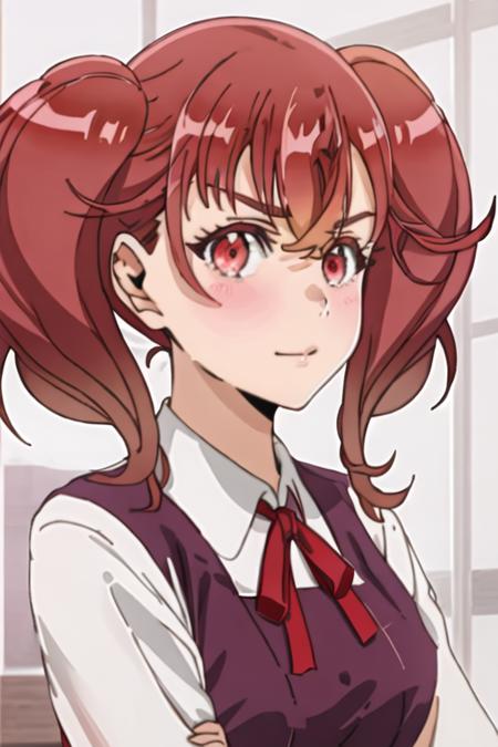 best quality, masterpiece, highres, solo, {sakurabakoma_edomaeelf:1.15}, red_hair, twintails, red_eyes, ribbon, neck_ribbon, bangs, red_ribbon, blush, 1girl, collared_shirt, school_uniform, shirt, white_shirt, portrait, looking_at_viewer, v-shaped_eyebrows, vest